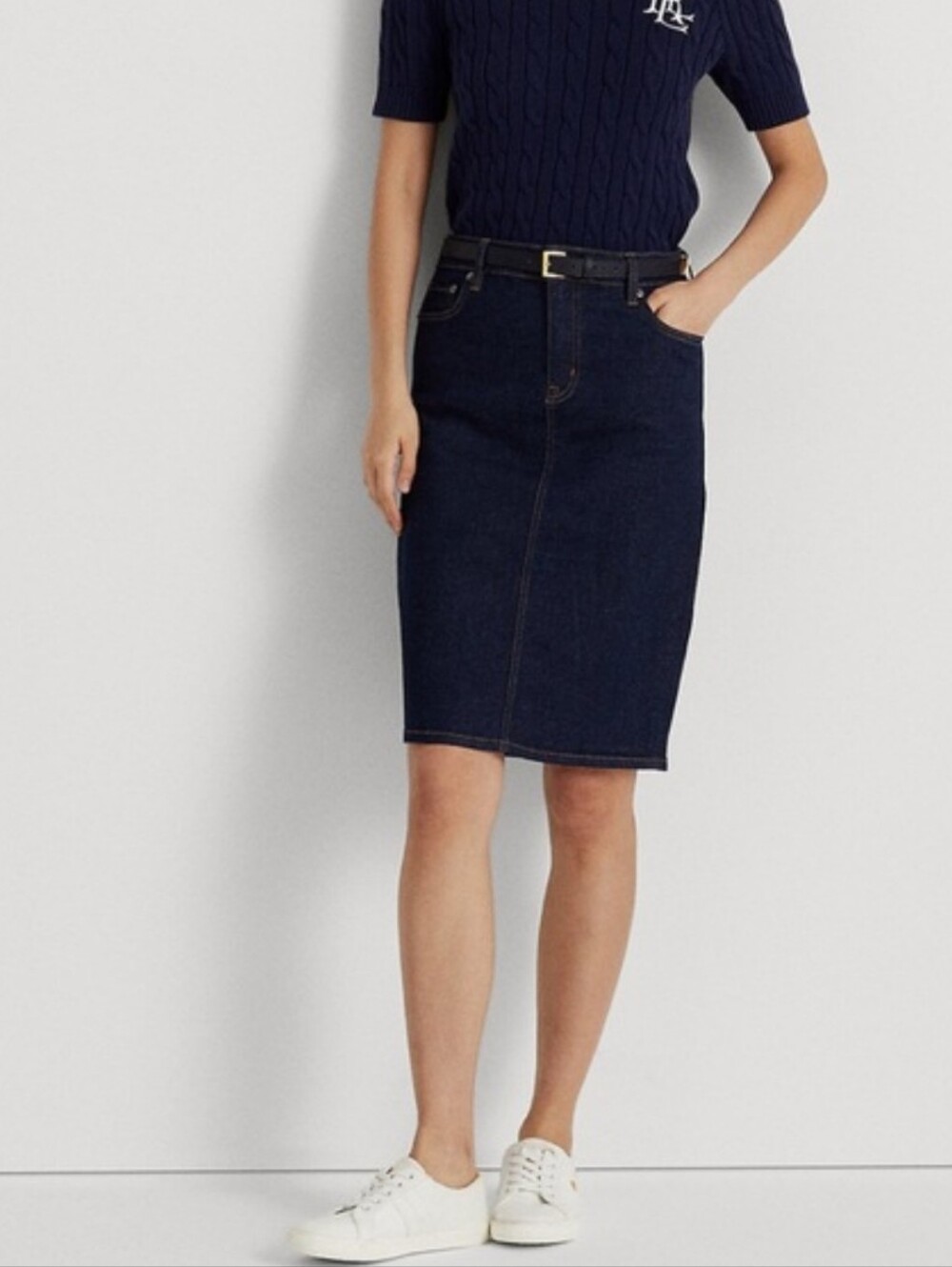 LRL Lauren Jeans Co Denim Dark Blue Pencil Knee Length Skirt 8 Modest Preppy